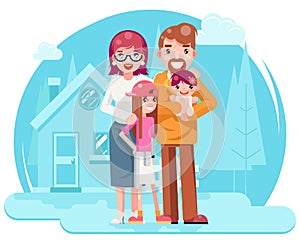 Cute Happy Young Family Mother Father Daughter with New House Real Estate Retro Flat Design Concept Template Vector