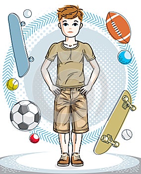 Cute happy young teen boy posing wearing fashionable casual clot