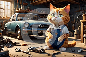 Cute hardworking cat works in his car repair shop.