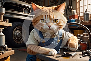 Cute hardworking cat works in his car repair shop.