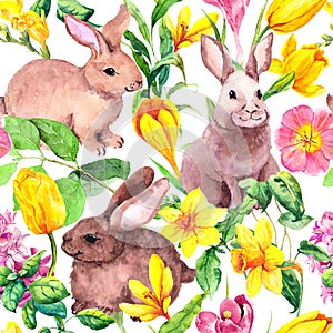 Cute hare animals in beautiful flowers. Spring repeating floral easter background. Watercolor seamless pattern - rabbits