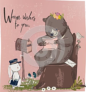 Cute hare and bear with letter