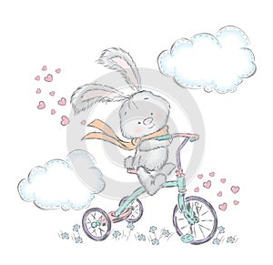 Cute hare on a bicycle. Bunny in the vector. Sweetheart card.