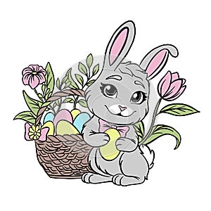 Cute hare easter bunny with spring basket