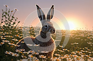 Cute hare on green lawn with daisies at sunset. Big - eared animal on walk on green grass with wild flowers, chamomiles.