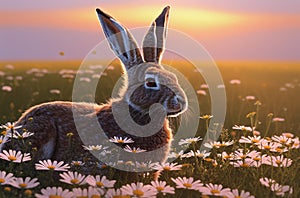 Cute hare on green lawn with daisies at sunset. Big - eared animal on walk on green grass with wild flowers, chamomiles.