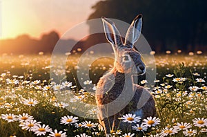 Cute hare on green lawn with daisies at sunset. Big - eared animal on walk on green grass with wild flowers, chamomiles.