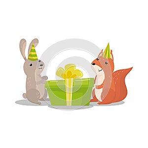 Cute hare and squirrel in party hats with big green gift box cartoon vector Illustration