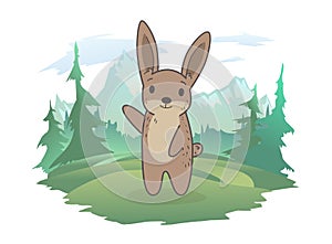 A cute hare standing on a forest lawn, a mountain landscape in the background. Vector illustration, isolated on white.