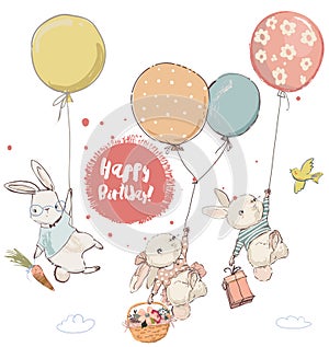 Cute hares in balloons