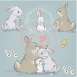 Cute hares couple with children