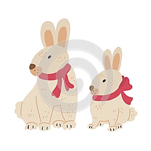 Cute hares or rabbits with red ribbon bows in flat  cartoon style
