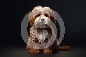 Cute havanese puppy dog is sitting frontal and looking at camera, isolated