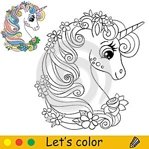 Cute head of unicorn with flowers coloring book page