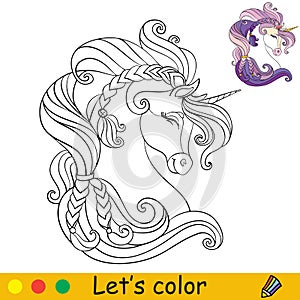 Cute head of unicorn in profile coloring vector