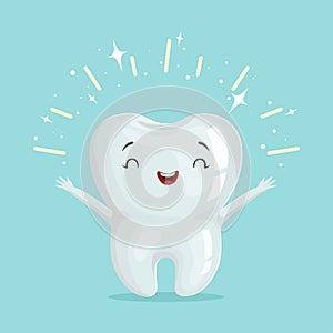 Cute healthy shiny cartoon tooth character, childrens dentistry concept vector Illustration