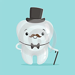 Cute healthy white cartoon tooth gentleman character wearing black top hat, childrens dentistry concept vector