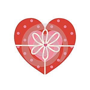 Cute heart box, vector icon. Closed red-pink present with polka dots, bow, holiday ribbon. Surprise for Valentines Day, wedding,