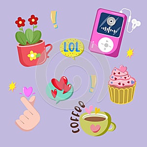 cute heart hand love plant kettle music stuff for cards stickers or patches decoration cartoon vector