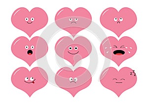 Cute heart shape emoji set. Funny kawaii cartoon characters. Emotion collection. Happy, surprised, smiling, crying, sad angry pink