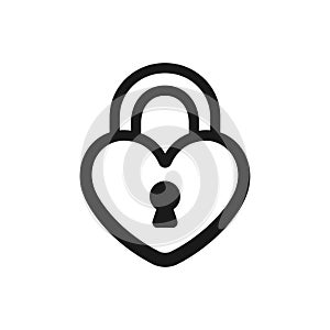 Cute heart shaped padlock black and white outline icon design.