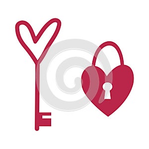 Cute heart shaped padlock and key. Valentine's Day design element.