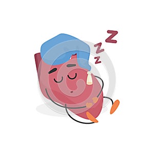 Cute heart sleeping in hat with pompom, funny human organ character in nightcap snoring