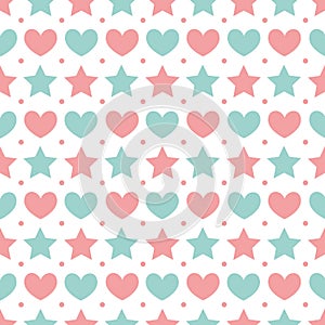 Cute heart and star seamless pattern vector illustration isolated on white background. Pink and blue stars, lovely hearts.