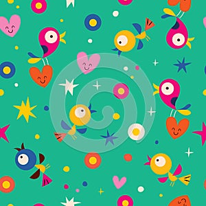 Cute hearts birds flowers seamless pattern