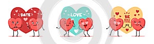 Cute hearts couples. Funny cartoon love characters. Romantic holiday symbols. Lovers date. Flirting and infatuation