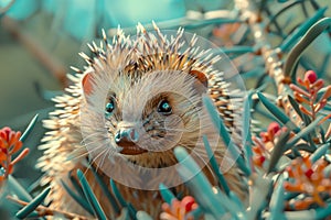 Cute Hedgehog Amidst Vibrant Orange Flowers and Greenery, Exotic Pet In Nature Scene, Wildlife Animal With Spiky Spines