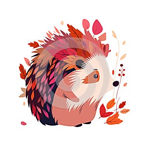 Cute hedgehog with autumn foliage, baby animal carrying fall red and brown tree leaves