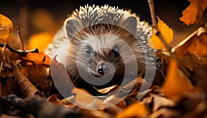 Cute hedgehog in autumn forest, looking with alertness generated by AI