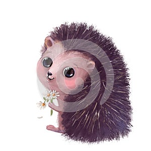 Cute hedgehog with chamomiles, watercolor style illustration, children`s clipart with cartoon character