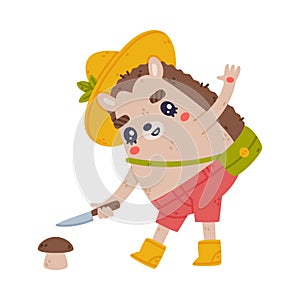 Cute Hedgehog Character in Hat and Shorts Picking Mushrooms Vector Illustration