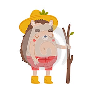 Cute Hedgehog Character in Hat and Shorts Stand with Stick Vector Illustration