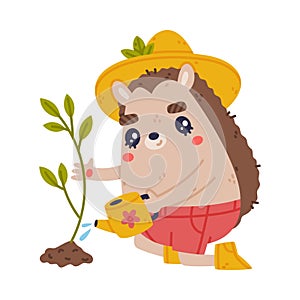 Cute Hedgehog Character in Hat and Shorts Water Plant Vector Illustration photo