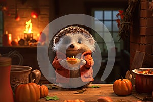 Cute hedgehog character at home in the autumn forest hose, surrounded by pumpkins