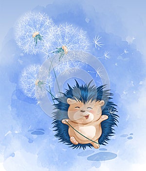 A cute hedgehog cheerfully runs and holds a bouquet of white dandelions.