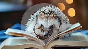 A cute hedgehog dons glasses, engrossed in a book. Ai Generated