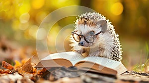 A cute hedgehog dons glasses, engrossed in a book. Ai Generated