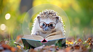 A cute hedgehog dons glasses, engrossed in a book. Ai Generated