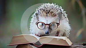 A cute hedgehog dons glasses, engrossed in a book. Ai Generated