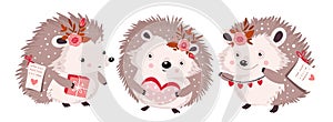 Cute hedgehog forest small animal character set with gift heart and flower. Valentines day vector