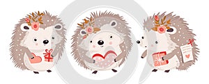 Cute hedgehog forest small animal character set with gift heart and flower. Valentines day vector