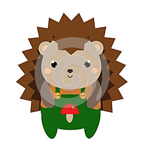 Cute hedgehog in green jumpsuit. Cartoon kawaii animal character. Vector illustration for kids and babies fashion