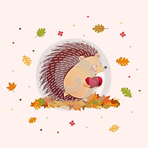 Cute hedgehog holding two apples in the autumn season