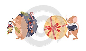 Cute Hedgehog and Mouse as New Year Character Carrying Lantern and Pushing Cheese Vector Set