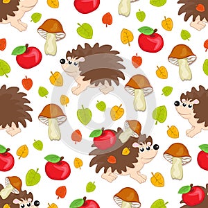 Cute hedgehog, multicolored apples and mushrooms seamless pattern, cartoon hand drawing, colorful autumn background. For design of