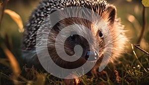 Cute hedgehog sitting in grass, looking at camera with alertness generated by AI